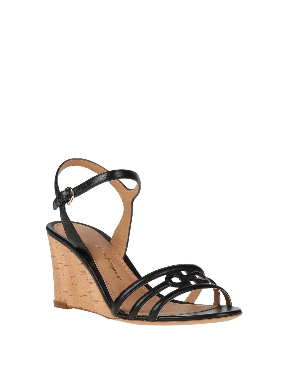 Salvatore Ferragamo Black Leather Strappy Cork Wedge Sandal